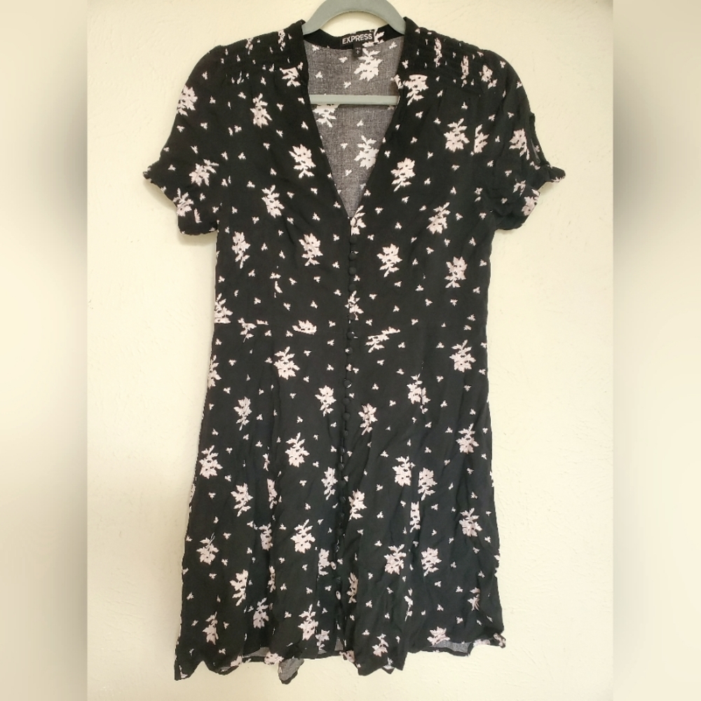 Express A-line black floral mini dress, size M